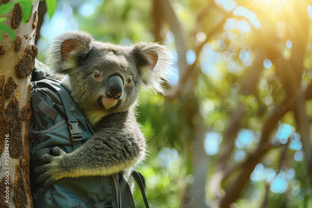 Fototapeta premium A playful koala perched on a tree, wearing a backpack, surrounded by vibrant greenery and warm sunlight.