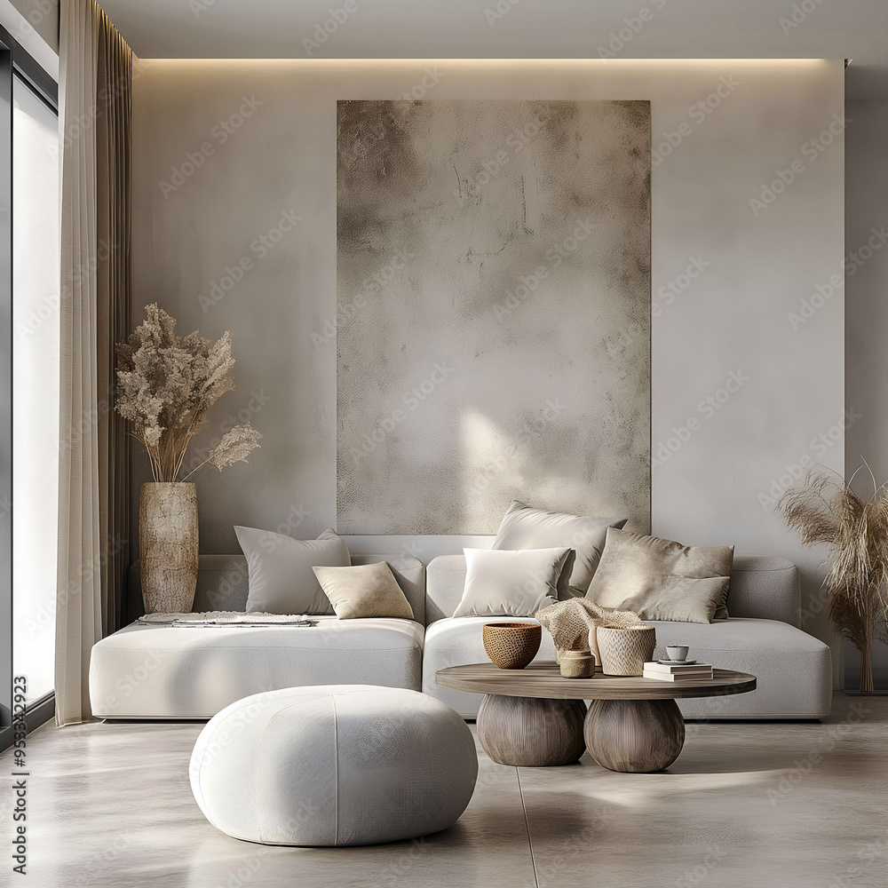 Aesthetic minimalist room interior design. Mockup picture frames. Concrete paint and mock up poster on the walls. Copy space. Clean apartment for decoration. Japandi, scandi, rustic style. Aesthetic minimalist room interior design. Mockup picture frames. Concrete paint and mock up poster on the walls. Copy space. Clean apartment for decoration. Japandi, scandi, rustic style.