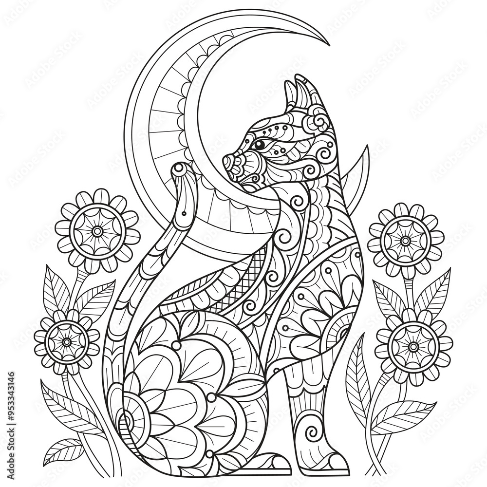 Naklejka premium Cat and moon hand drawn for adult coloring book