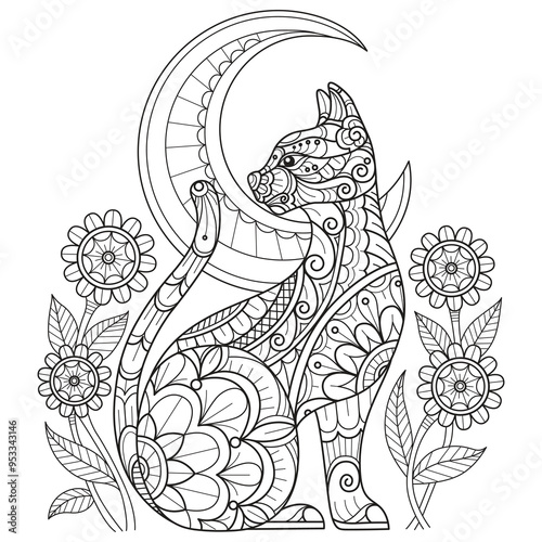 Cat and moon hand drawn for adult coloring book