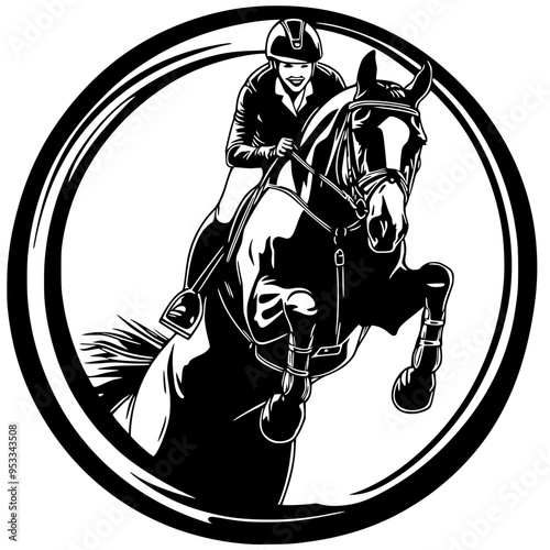 A dynamic vector logo depicting a female equestrian athlete in mid-jump on horseback, representing the sport of horse jumping, ideal for equestrian brands and gear.