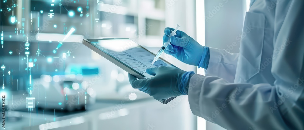 Fototapeta premium A researcher analyzes data on a tablet while wearing gloves in a high-tech laboratory environment, showcasing modern science.