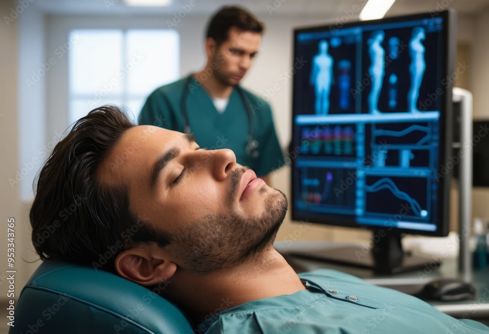 A male patient lying on a table during a medical imaging procedure in a modern clinic, focusing on diagnostics and care. A male patient lying on a table during a medical imaging procedure in a modern clinic, focusing on diagnostics and care.