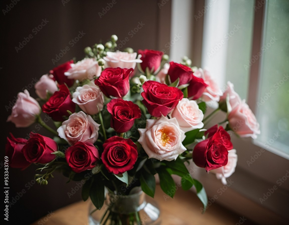 Obraz premium Romantic Valentine's bouquet featuring red and pink roses expressing love and affection, perfect for a special occasion or celebration of romance in a serene garden setting. Generative AI