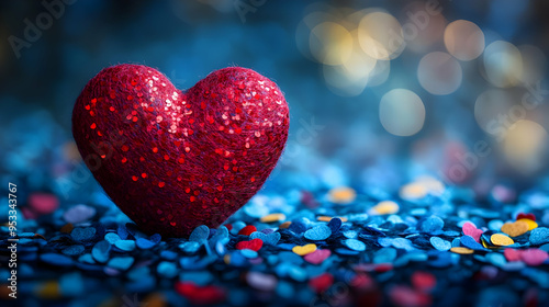 Red glitter heart on blue c...