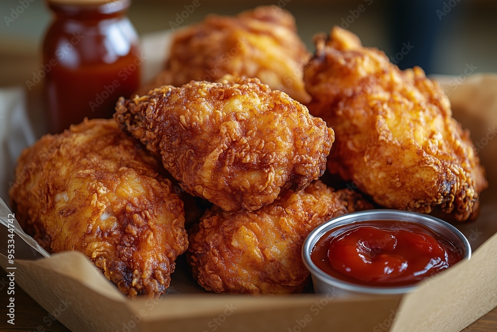 Crispy fried chicken tomato sauce bottle chilli Crispy fried chicken tomato sauce bottle chilli