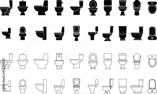 Set of Toilet icons bowl sanitary clean silhouette ware vectors bathroom in black flat, Outline styles. Bidet toilet flush WC for websites designs on transparent background. furniture for bathroom.