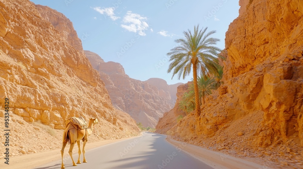 Camel Mosaic in Rocky Desert, featuring intricate stone art of a camel surrounded by palm trees, adding an earthy touch to interior decoration with a warm ambiance. Camel Mosaic in Rocky Desert, featuring intricate stone art of a camel surrounded by palm trees, adding an earthy touch to interior decoration with a warm ambiance.