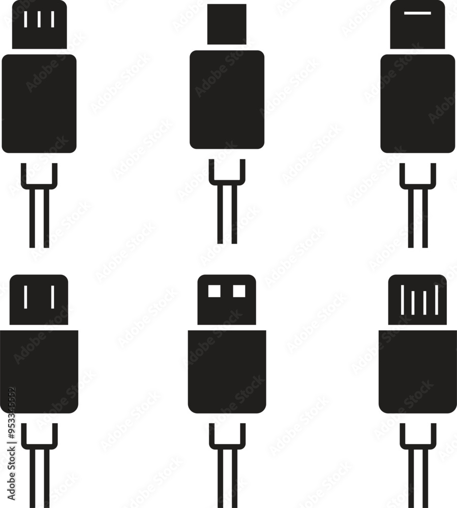 Set of USB cable flat Icons. Electronic device input cable cords, internet charging wire signs, lightning micro USB types for mobile phone connector plugs vectors isolated on transparent background. Set of USB cable flat Icons. Electronic device input cable cords, internet charging wire signs, lightning micro USB types for mobile phone connector plugs vectors isolated on transparent background.