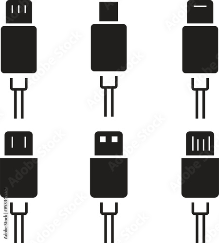 Set of USB cable flat Icons. Electronic device input cable cords, internet charging wire signs, lightning micro USB types for mobile phone connector plugs vectors isolated on transparent background.