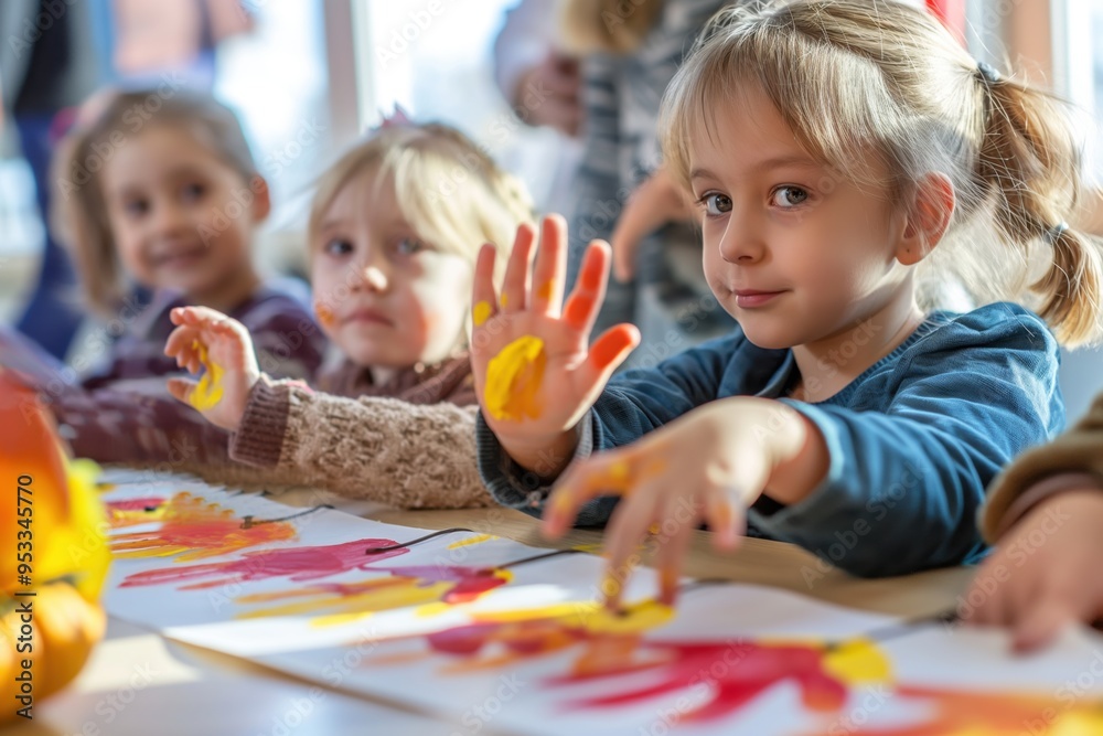 Fototapeta premium Group of kindergarten students showing their painted hands while making a thanksgiving turkey craft at school