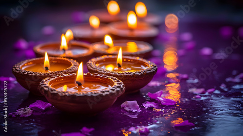 Row of burning diya oil lam...
