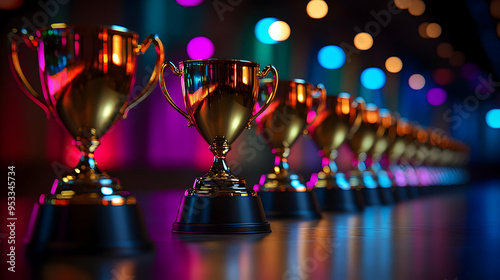 Row of golden trophies on a...