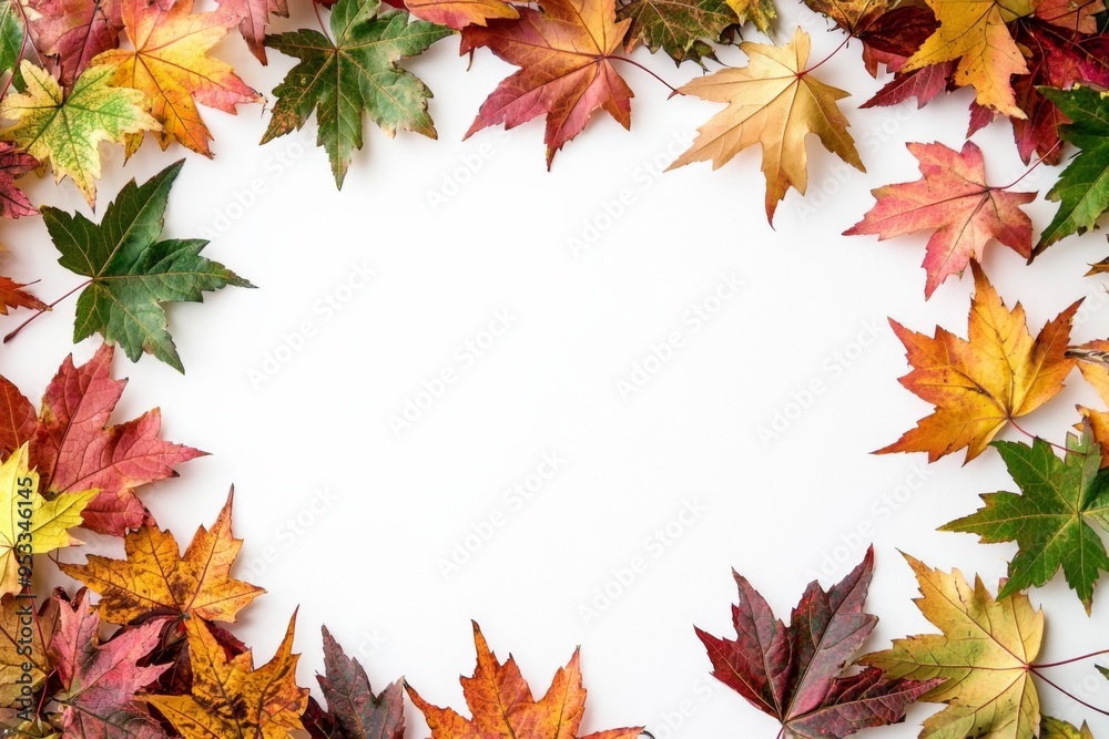 Fototapeta premium Autumn Maple Leaves Flat Lay White Background created with Generative AI