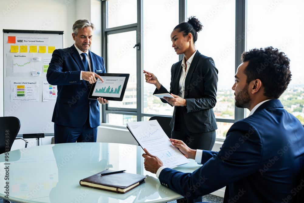 Dynamic Business Meeting: Diverse Team Analyzes Financial Growth and Marketing Strategies in Modern Office Dynamic Business Meeting: Diverse Team Analyzes Financial Growth and Marketing Strategies in Modern Office