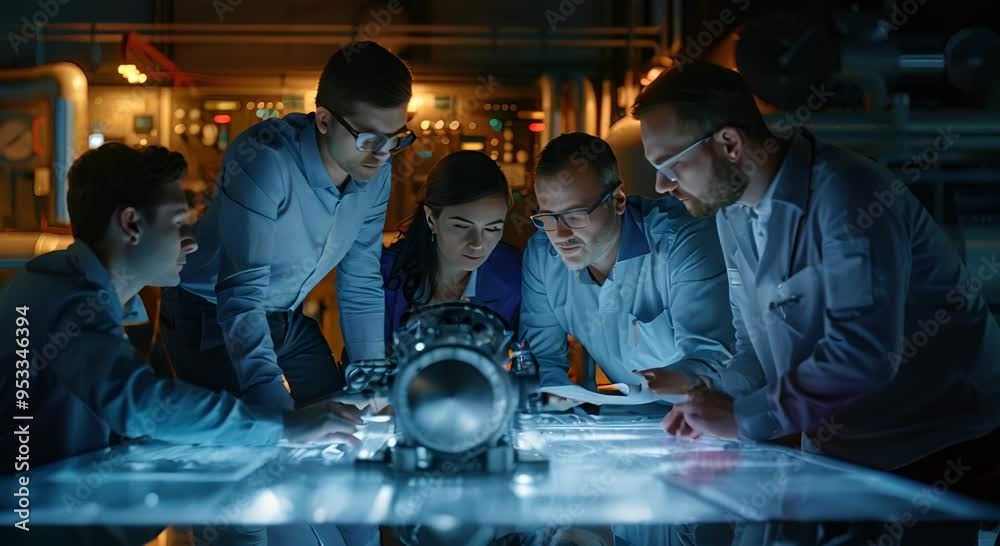 Team of engineers working on a project in a modern industrial environment Team of engineers working on a project in a modern industrial environment