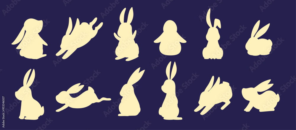 Elegant Rabbit Silhouettes in Various Poses: Dark Background, Vector, Illustration, Celebrating the Moon Festival Elegant Rabbit Silhouettes in Various Poses: Dark Background, Vector, Illustration, Celebrating the Moon Festival
