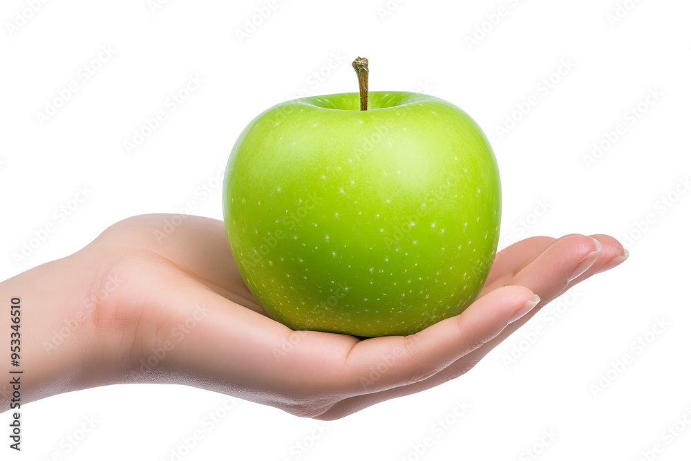 Female hand holding green apple isolated on white background Female hand holding green apple isolated on white background