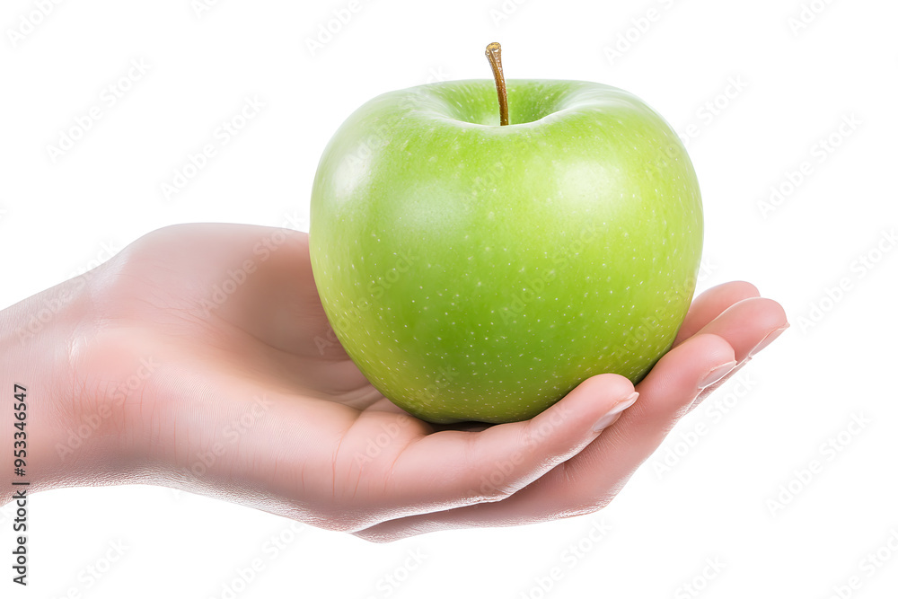 Female hand holding green apple isolated on white background