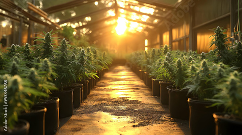 Rows of potted cannabis pla...