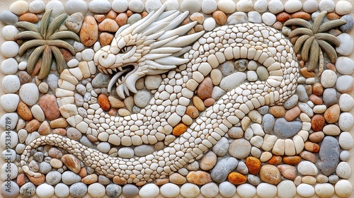 Dragon Pebble Design, intricate stone mosaic depicting a serpent-like creature surrounded by palm trees, earthy tones creating a captivating wall decor piece.