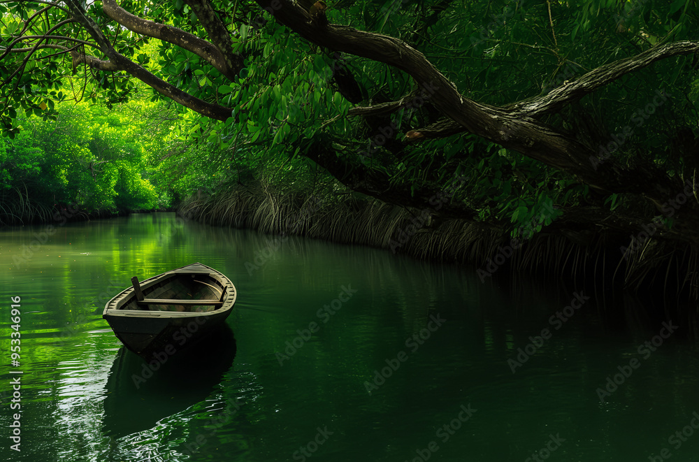 petite barque flottant paisiblement sur une rivière tranquille entourée de verdure luxuriante, dans la mangrove d'une jungle luxuriante petite barque flottant paisiblement sur une rivière tranquille entourée de verdure luxuriante, dans la mangrove d'une jungle luxuriante