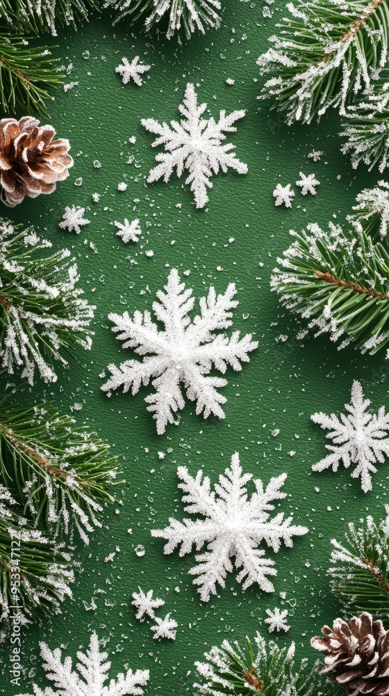Snowflakes on Green Background