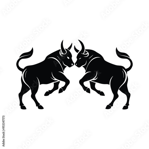 Black silhouette of two bulls facing each other in aggressive stance with tribal style and strong contrast