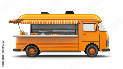 3d orange Realistic Food Truck isolated on white background. Takeaway food and drinks van mock up