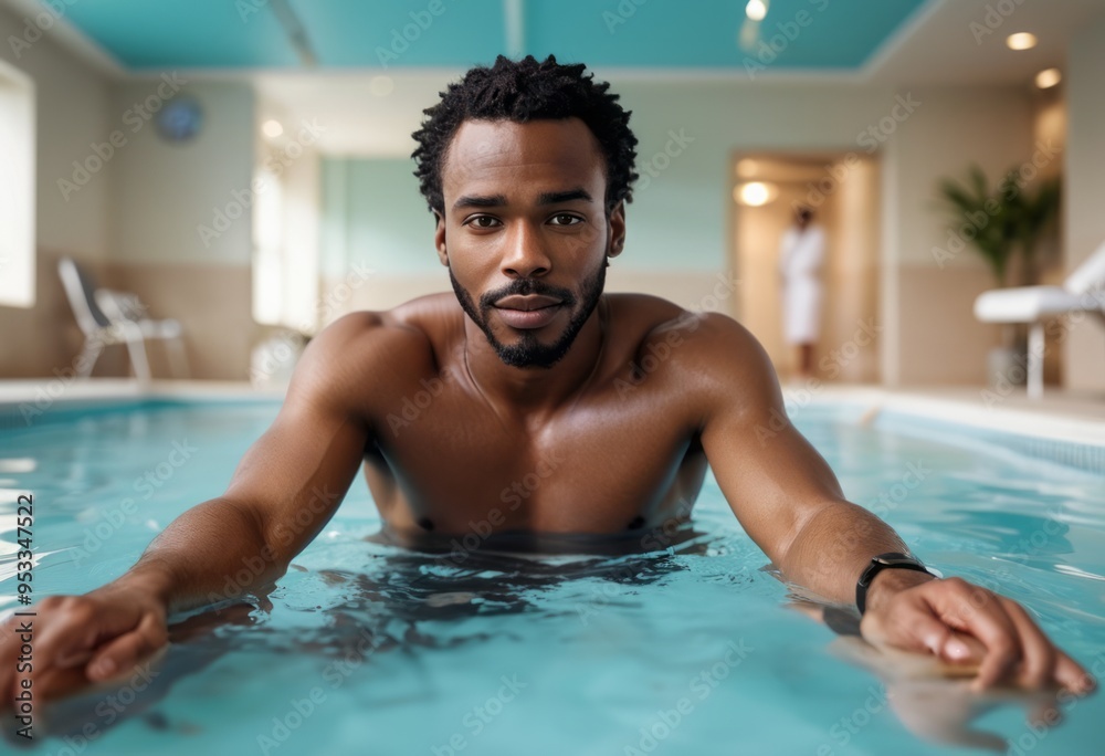 A man enjoying a relaxing moment in an indoor pool, showcasing a healthy and active lifestyle.