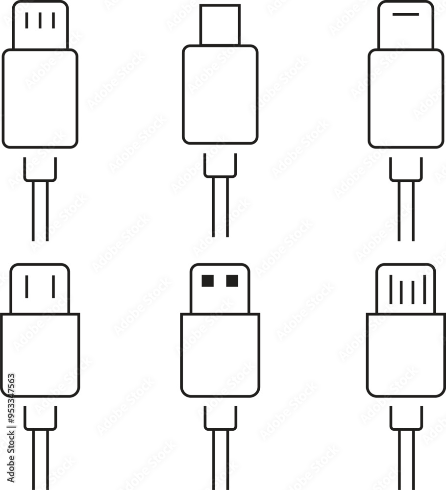 Set of USB cable outline Icons. Electronic device input cable cords, internet charging wire signs, lightning micro USB types for mobile phone connector plug vectors isolated on transparent background. Set of USB cable outline Icons. Electronic device input cable cords, internet charging wire signs, lightning micro USB types for mobile phone connector plug vectors isolated on transparent background.