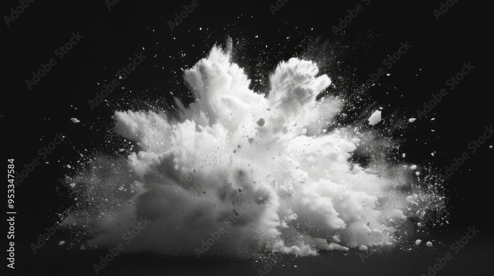Snow explosion isolated on black background. Abstract dynamic cloud of white dust particles dispersing overlay design. Winter storm element creative collage. Snow explosion isolated on black background. Abstract dynamic cloud of white dust particles dispersing overlay design. Winter storm element creative collage.