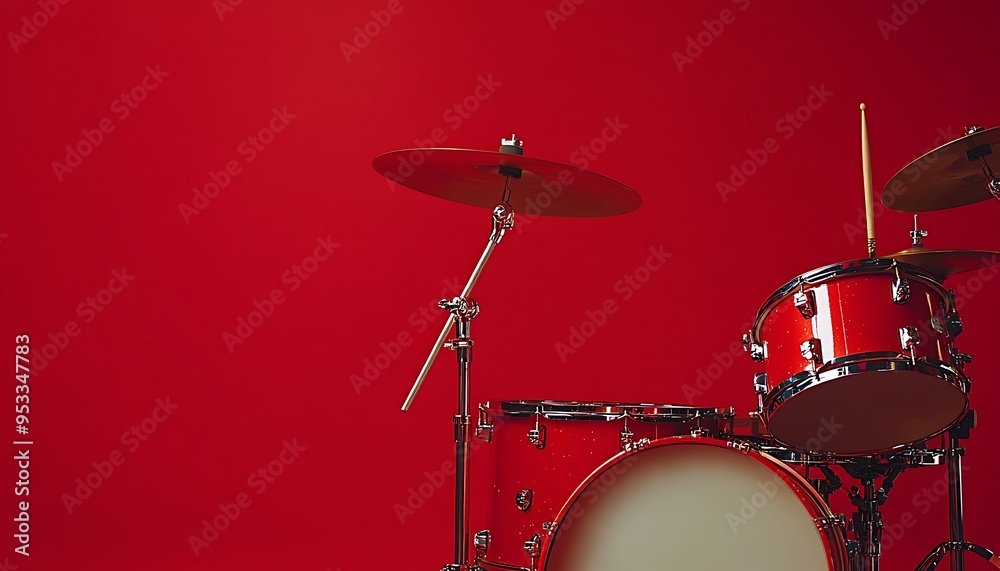 Red Drum Set with Cymbal and Drumstick on Red Background Red Drum Set with Cymbal and Drumstick on Red Background