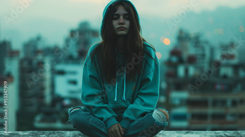 Woman Sitting Ledge Front Tall Buil photo