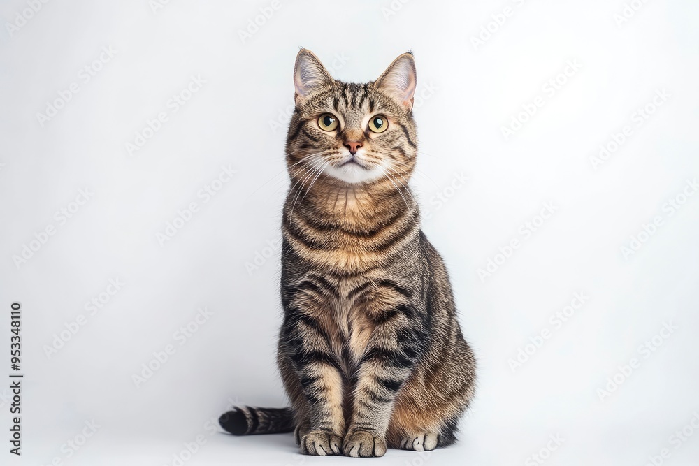 Obraz premium Studio portrait of a sitting tabby cat looking forward against a white backdground , ai
