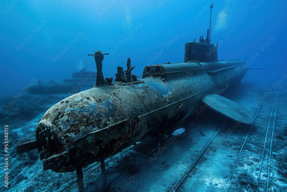 Old rusty military submarine is lying on the seabed, showing signs of decay and corrosion Old rusty military submarine is lying on the seabed, showing signs of decay and corrosion