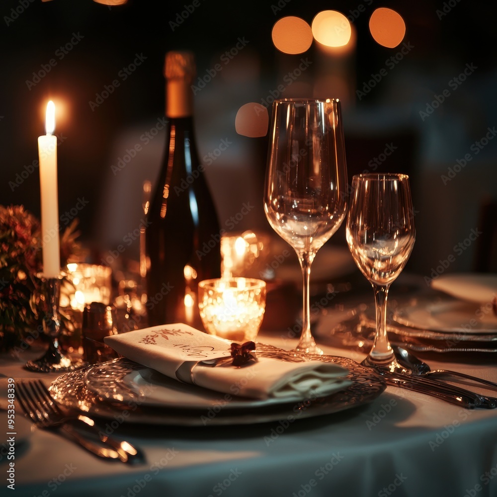 Romantic Dinner Table Setting with Candles Wine Glasses and Silverware Romantic Dinner Table Setting with Candles Wine Glasses and Silverware
