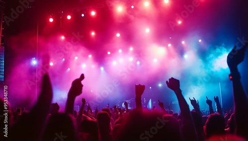 Silhouetted Crowd at a Concert with Pink and Blue Lights