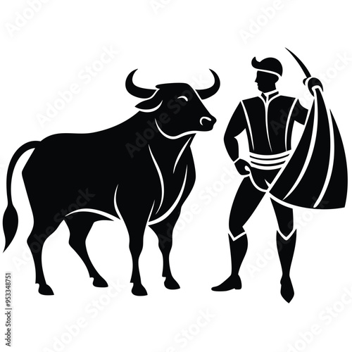 Black and white minimalist bullfighter and bull in dynamic poses as Spanish cultural icons
