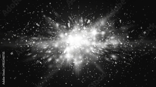 Snow explosion isolated on black background. Abstract dynamic cloud of white dust particles dispersing overlay design. Winter storm element creative collage.