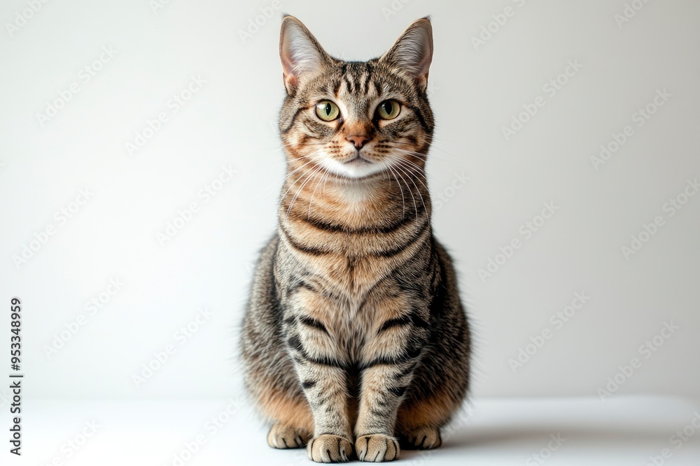 Studio portrait of a sitting tabby cat looking forward against a white backdground , ai Studio portrait of a sitting tabby cat looking forward against a white backdground , ai