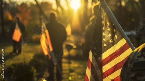 Veterans with flags standing in remembrance, medium shot capturing the solemnity and respect, natural sunlight,