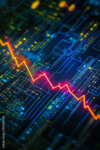 AI回路と暴落する株価チャートが表すAIバブル崩壊