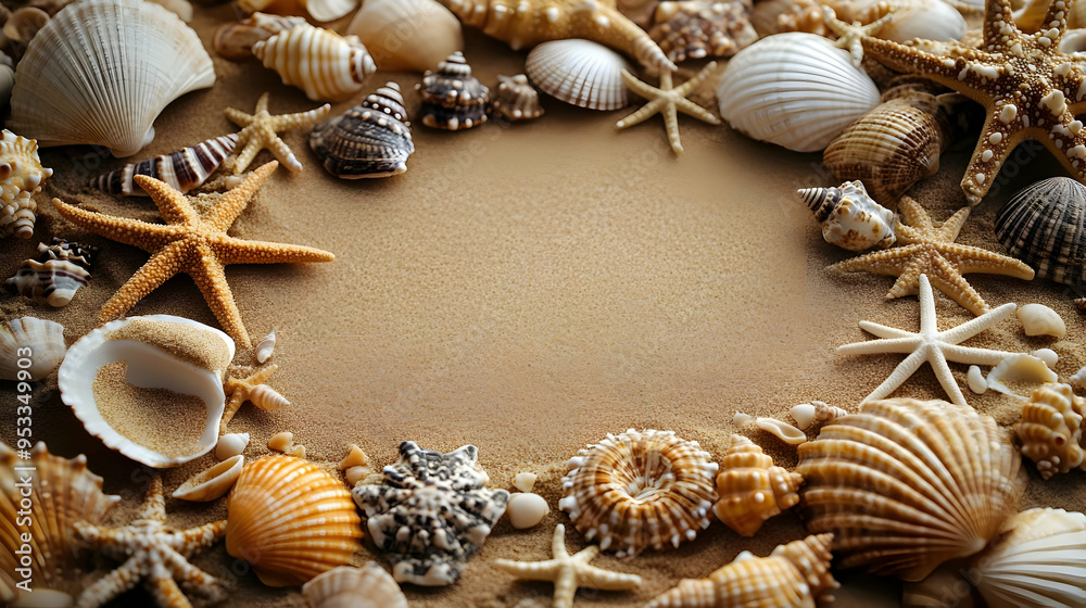 Obraz premium Seashells and starfish arranged in a circle on the sand with a copy space in the middle.