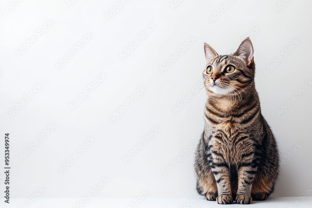Studio portrait of a sitting tabby cat looking forward against a white backdground , ai Studio portrait of a sitting tabby cat looking forward against a white backdground , ai