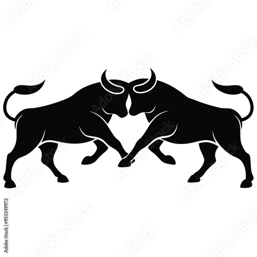 Black silhouette of two bulls facing each other in aggressive stance with tribal style and strong contrast