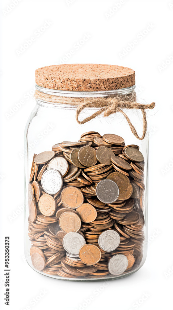Glass jar filled with mixed coins and topped with a cork lid, showcasing savings and financial growth concept against white background. Glass jar filled with mixed coins and topped with a cork lid, showcasing savings and financial growth concept against white background.