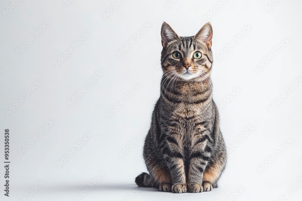 Obraz premium Studio portrait of a sitting tabby cat looking forward against a white backdground , ai