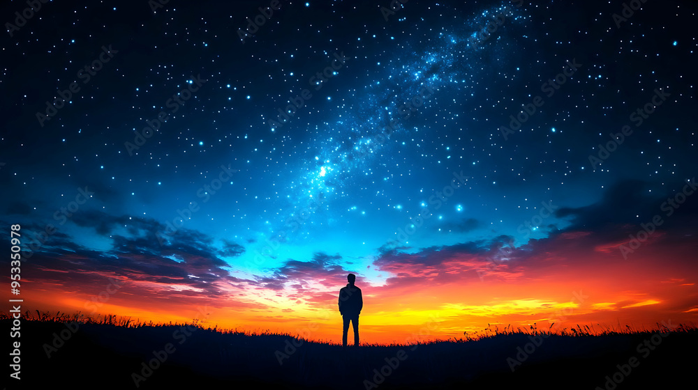 Fototapeta premium Silhouette of a man standing on a hill, gazing at a starry sky with a colorful sunset.