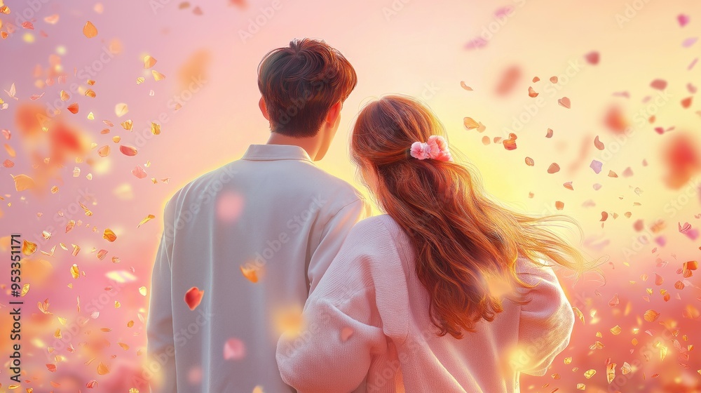 Romantic couple hugging surrounded by floating rose petals at sunset. Romantic couple hugging surrounded by floating rose petals at sunset.
